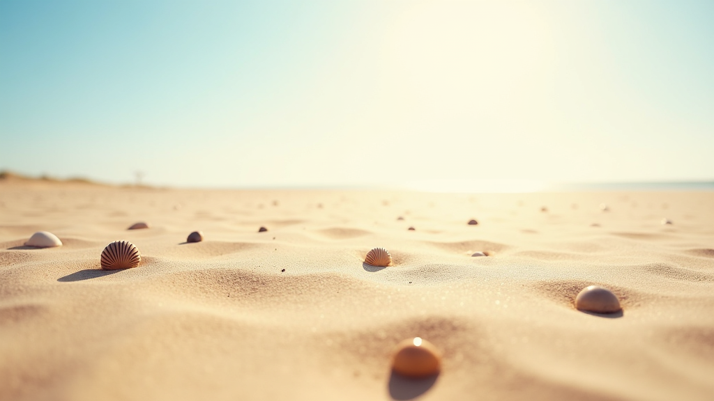 Sun reflecting off sand with scattered seashells and a wide blue sky above